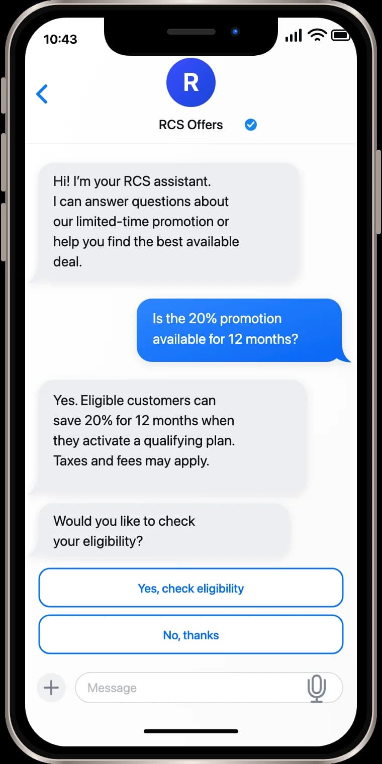 RCS conversation showing an AI assistant answering a promotion question and offering eligibility check buttons